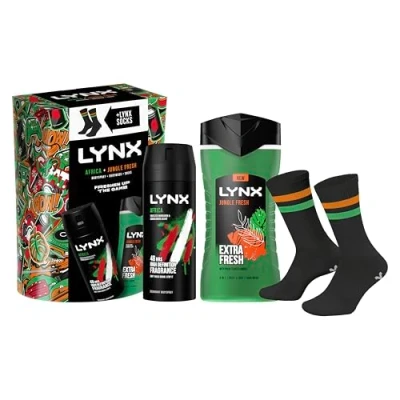 Image of LYNX Africa &amp; Jungle Fresh Freshen Up The Game Duo with Socks Deodorant Gift Set Body Wash Spray perfect for his daily routine 2 piece
