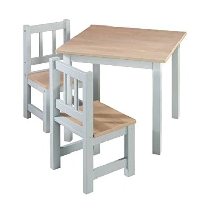 Image of roba Children&#039;s Table and 2 Chairs Set Woody Tabletop Seats with Wood Like Appearance Scratch Resistant for Girls &amp; Boys Aged Above Grey