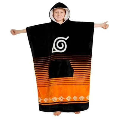 Image of Naruto Fleece Hoodie Blanket for Boys and Teenagers One Size Kids Poncho with Sherpa Lined Hood Gifts (Black/Orange)
