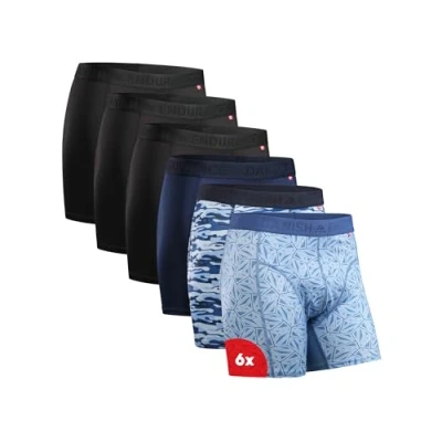 Image of DANISH ENDURANCE Sports Boxers for Men, Dry Fit, Anti Chafing Mens Boxer Shorts Multipack, with Regular or Long Leg, 6 Pack, Multicolour (3x Black, 1x Blue, Camo, Mosaic), L