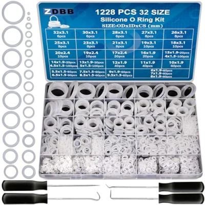 Image of ZDBB 1228 Pcs 32 Size Clear Food Grade Silicone O Rings Assortment Kit with Pick and Hook,White Heat Resistance VMQ Seal Ring Set