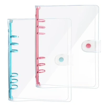 Image of DY.2ten A5 Binder 6 Ring Clear Notebook Cover, 2 Pack Pink + Blue Round Ring, Planner Budget with Snap Closure (A5, Cover Pink/Blue Binder)