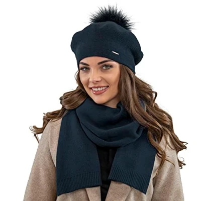 Image of Vivisence Elegant Women&#039;s Winter Set Including Beret with Pompom and Matching Scarf Made of Warm Fabric Perfect for Cold Autumn Days, Dark Blue,UNI