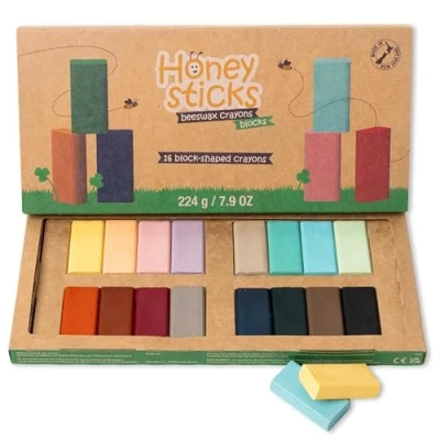 Image of Honeysticks Block Crayons (16 Pack), Non Toxic for Kids, Toddlers, Made from Pure Beeswax and Food Grade Colours, Long Lasting Jumbo Drawing, Colouring, Preschool Art Supplies