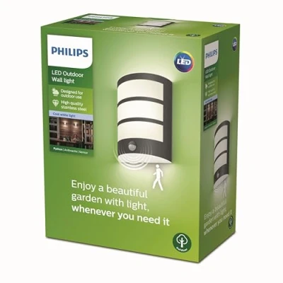 Image of PHILIPS LED Python Outdoor 6W Wall Light with Motion Sensor [Cool White Anthracite Grey] Water Resistant IP44, for Garden, Patio and Terrace Lighting.