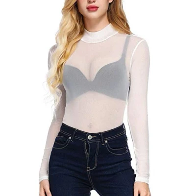 Image of N / D Women See Through Shirts Mesh Tops Long Sleeve Turtleneck Neck Sheer Blouse Crop Top (White, S)