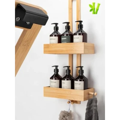 Image of SVADA Shower Shelf Hanging Bamboo for No Drilling Basket Bathroom Wood Shampoo Organiser