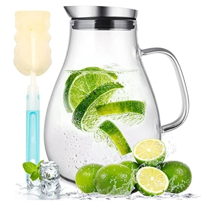 Image of SUSTEAS 2.0 Litre Glass Jug with Lid, Water Carafe for Hot/Cold Water, Iced Tea and Juice Drink, 1 Long Handled Brush Included