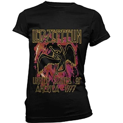 Image of Led Zeppelin T Shirt Black Flames Band Logo Official Womens Skinny Fit L