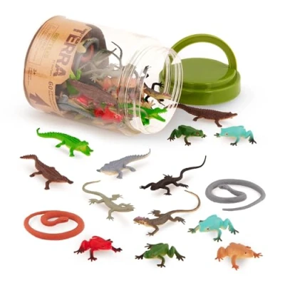 Image of Terra by Battat 60 Reptiles in Tube Assorted miniature, frogs, lizards, alligators, crocodiles, snakes and more, figurines for kids 3 Years + (60 Pc) (Package may vary)