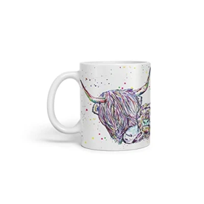Image of Vixar Highland Cow Scottish with Calf Baby Farm Animals Watercolour Art Coloured Mug Cup Gift Birthday Work Office Tea Coffee (White)