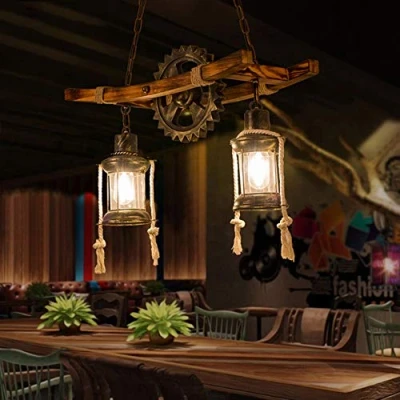 Image of Pendant Lamp Wood Hanging Vintage Light Industrial Metal Dining Table Chandelier Retro Ceiling Illuminant E27 Bedroom Living Room Bar