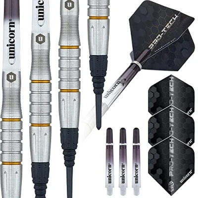 Image of Unicorn Soft Tip Darts Set Pro Tech Style 5 70% Natural Tungsten Barrels with Golden Accents Epic Tips 18 g