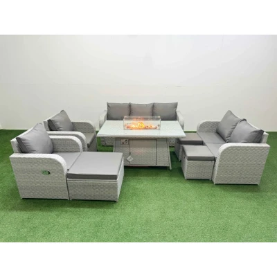 Image of Pe Rattan Garden Furniture Set Reclining Chair Sofa Double Love Seat 2 Seater Lounge Firepit Dining Table 3 Stools Light Grey Fimous