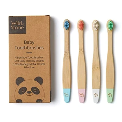 Image of Wild &amp; Stone Organic Baby Bamboo Toothbrush 4 Pack Soft Fibre Bristles 100% Biodegradable Handle BPA Free Vegan Eco Friendly Toothbrushes (Multicolour)