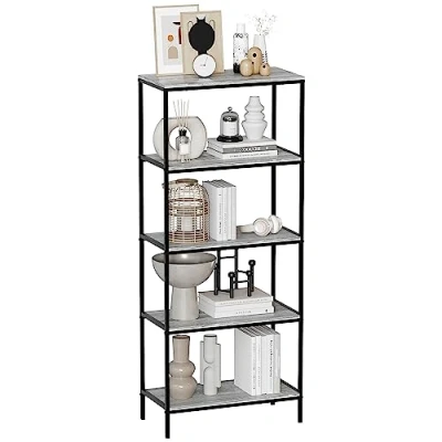 Image of Vida Designs Brooklyn Bookcase Wooden Shelving Shelf Storage Display Shelves Unit Industrial Rustic Furniture (Grey, 5 Tier)