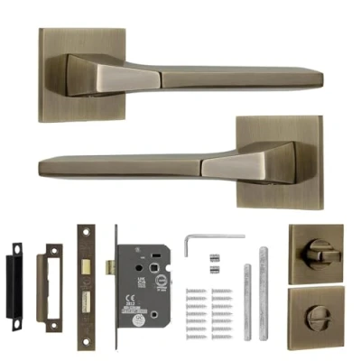 Image of Decoranddecor Antique Brass Door Handles Internal Aluminium Handle Sets for Interior Doors with Bathroom Lock and Turn Release Penta Range