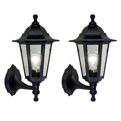 Image of 2 Pack Black &amp; Clear Glass Panel Outdoor Vintage Up Coach Lantern Wall Light IP44 Rated 36cm Height 1 x ES E27 Lamp Required Garden Patio Driveway Polycarbonate Coastal