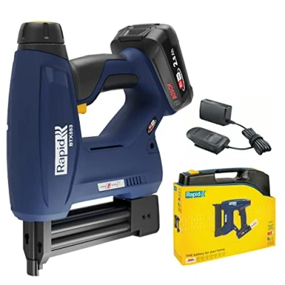 Image of Rapid BTX553 18V P4A Battery Powered Staple Gun Kit Cordless Upholstery &amp; Craft Stapler, Finewire Staples and Brads, Heavy Duty Portable, Includes 2.5Ah Battery, Charger Case (5001507)