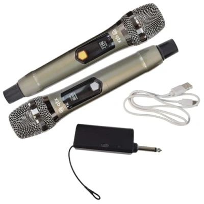 Image of QTX J MIC UHF Dual Wireless Microphone Set with Rechargeable Receiver, Two Handheld Transmitters, USB Charging, and Dynamic Cardioid Capsules. Presentations, Conferences, or Performances