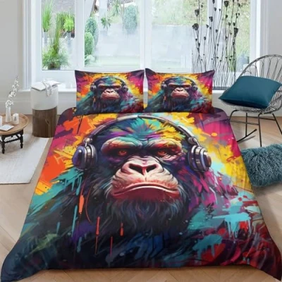Image of Gorilla 3 Pieces Duvet Cover 3D Printed Bedding Set Soft Microfiber Colourful Art Quilt with Zipper Closure Comforter for Kids Teens Adults Pillowcases Double（200x200cm）