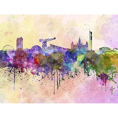 Image of Wee Blue Coo Painting Illustration Cityscape Paint Splash Skyline Glasgow Art Print Poster Wall Decor 12X16 Inch