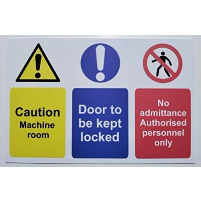 Image of Caution Machine Room, Door to be Locked, No Admittance authorised Personnel only Sign 1.2mm Rigid Plastic 300mm x 200mm