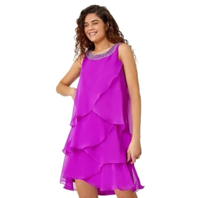 Image of Roman Originals Chiffon Dress for Women UK Ladies Swing Layered Frilled Tiered Mini Short Length 20s Special Occasion Event Cocktail Party Evening Going Out Purple Size 12