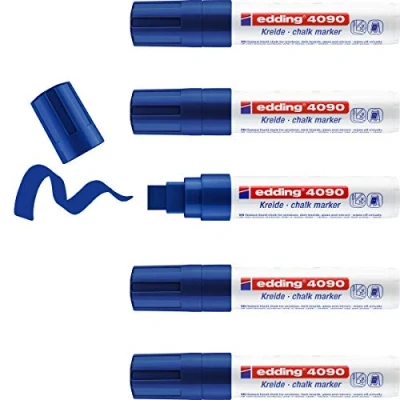 Image of edding 4090 chalk marker blue 5 pens chisel tip 4 15 mm broad tipped wet wipe pen for chalkboards, windows, glass, mirrors liquid opaque coverage