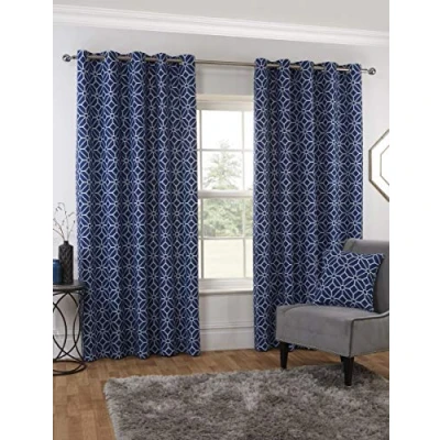 Image of Sundour Kelso Navy Eyelet Curtains 46&quot; x 54&quot; Geometric Fully Lined Pair, Wide Drop (117x137cm)
