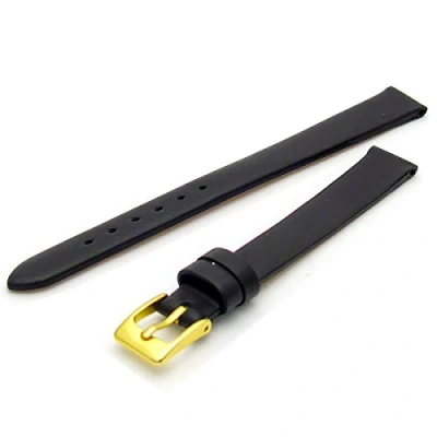 Image of Fine Calf Leather Watch Strap Band 14mm Extra Long XL Black with Gilt (Gold Colour) Buckle. Free Spring Bars (Watch Pins)