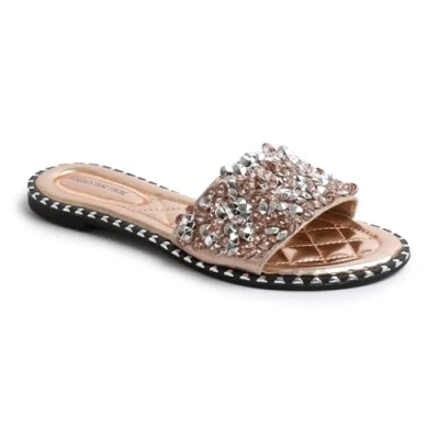 Image of Fashion Thirsty Womens Ladies Flat Low Heel Diamante Sandals Slip On Party Wedding Bling Sliders Slides Beach Pool Holiday Travel