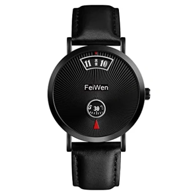 Image of FeiWen Mens Fashion Unique Analog Quartz Watches Simple Design Stainless Steel Case Elegant Wrist Watch (Black 2)