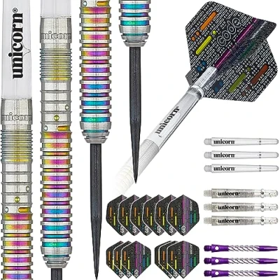 Image of Unicorn Steel Tip Darts Set Ian &#039;Diamond&#039; White Code Players DNA 90% Natural Tungsten Barrels with Multicolour Titanium Accents 21 g