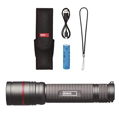 Image of EMOS Rechargeable Metal Focus Super Bright 600LM CREE LED Tactical Handheld 230M Beam Range, Waterproof Battery Hand Torch with 3 Light Modes, Band and Bag, Aluminum, Black