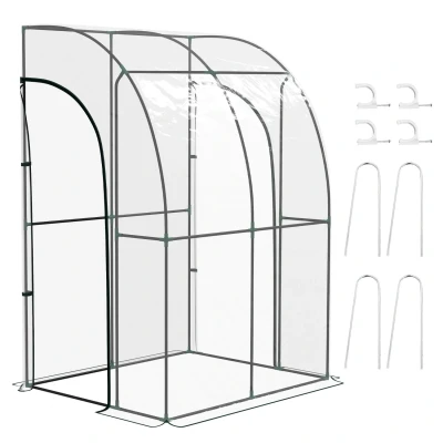 Image of Outsunny 143x118x212cm Walk In Lean to Wall Tunnel Plastic Greenhouse with Doors