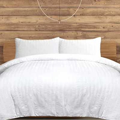 Image of Sleepdown Classic Seersucker Luxury Pure Hotel White Easy Care Soft Cosy Ruffled Striped Duvet Cover Quilt Bedding Set with Pillowcases Super King (220cm x 260cm), Polycotton
