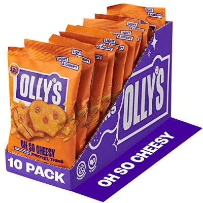 Image of Olly&#039;s Pretzel Thins, Oh So Cheesy, 35g (Pack of 10), Handy Snack Pouches, Healthy Plant Based Vegan Snacks for Dipping, Low Calorie Snacks, Fat, Source Fibre, No Preservatives