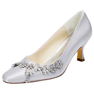 Image of Emily Bridal 141 1 Women&#039;s Wedding Shoes Closed Toe 2.28 Inches Chunky Heel Satin Pumps with Rhinestone (EU39/UK6, Silver)