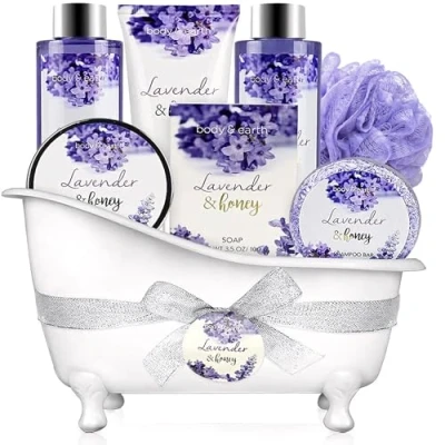 Image of BODY &amp; EARTH Bath Gift Set for Women 8 Pcs Lavender Sets Women, Includes Shower Gel, Bubble Bath, Shampoo Bar and More, Spa Gifts, Birthday Gifts Her,