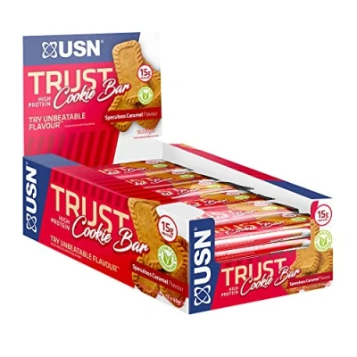 Image of USN Trust Caramel Biscuit Cookie Bar: High Protein Bars, Perfect On the Go and Post Workout Snacks (12 x 60 g Bars per Pack), Red/Blue