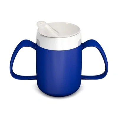 Image of Ornamin Two Handled Mug with Internal Cone 140 ml Blue Spouted Lid small opening (model 815 + 806) drinking aid