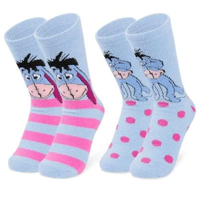 Image of Disney Stitch Slippers Socks Women 2 Pack Fluffy Non Slip Fleece Bed Minnie Mickey Mouse Baby Yoda (Blue Eeyore)