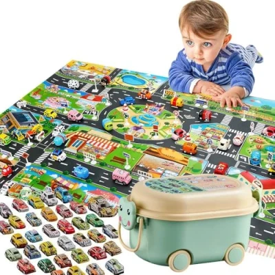 Image of Kids Play Rugs with 40 Pull Back Vehicle Set,Car Mat for Kids, Durable Carpet Playmat Rug, Jumbo Room City Pretend Play, Toddler Car Track Rug Age 3+ ﻿ (Set)