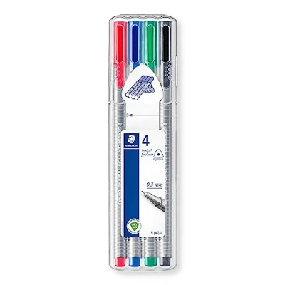 Image of STAEDTLER 334 SB4 Triplus Fineliner Superfine Pen, 0.3mm Line Width Assorted Office Colours (Desktop Box of 4)