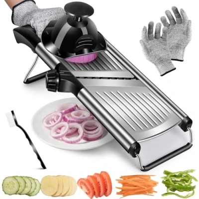 Image of MASTERTOP Adjustable Mandoline Vegetable Slicer, 5 in 1 Stainless Steel Food Slicer with Cut Proof Gloves and Cleaning Brush, Professional for Vegetables, Potato, Fruit