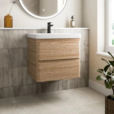 Image of Affine® 600mm Vanity Unit Wash Basin Sink Bathroom Wall Mounted Storage Cabinet Cupboard Cloakroom, Soft Close Drawers, Wood Oak Effect
