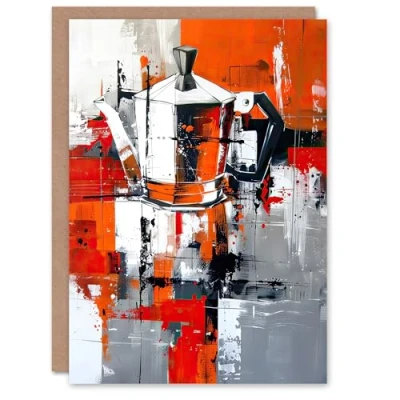 Image of Artery8 Greeting Card Moka Coffee Pot Abstract Orange Grey Painting Blank For Him Or Her Art Birthday