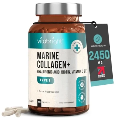 Image of Marine Collagen Supplements for Women &amp; Men, 120 Hydrolysed Capsules with Hyaluronic Acid (Halal Tablets Not Gummies or Powder) VitaBright Peptides