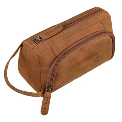 Image of STILORD &#039;Tony&#039; Vintage Large Pencil Case Pouch Bag Leather Pen Holder Big with Zipper Aesthetic Cosmetic Genuine Leather, Colour:tan Dark Brown
